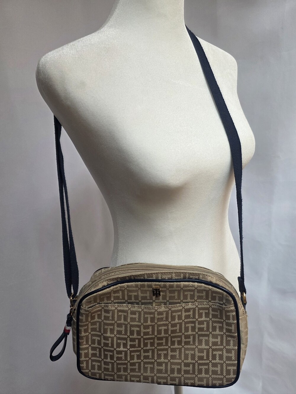 Tommy Hilfiger Beige Monogram Crossbody Bag Adjustable Strap